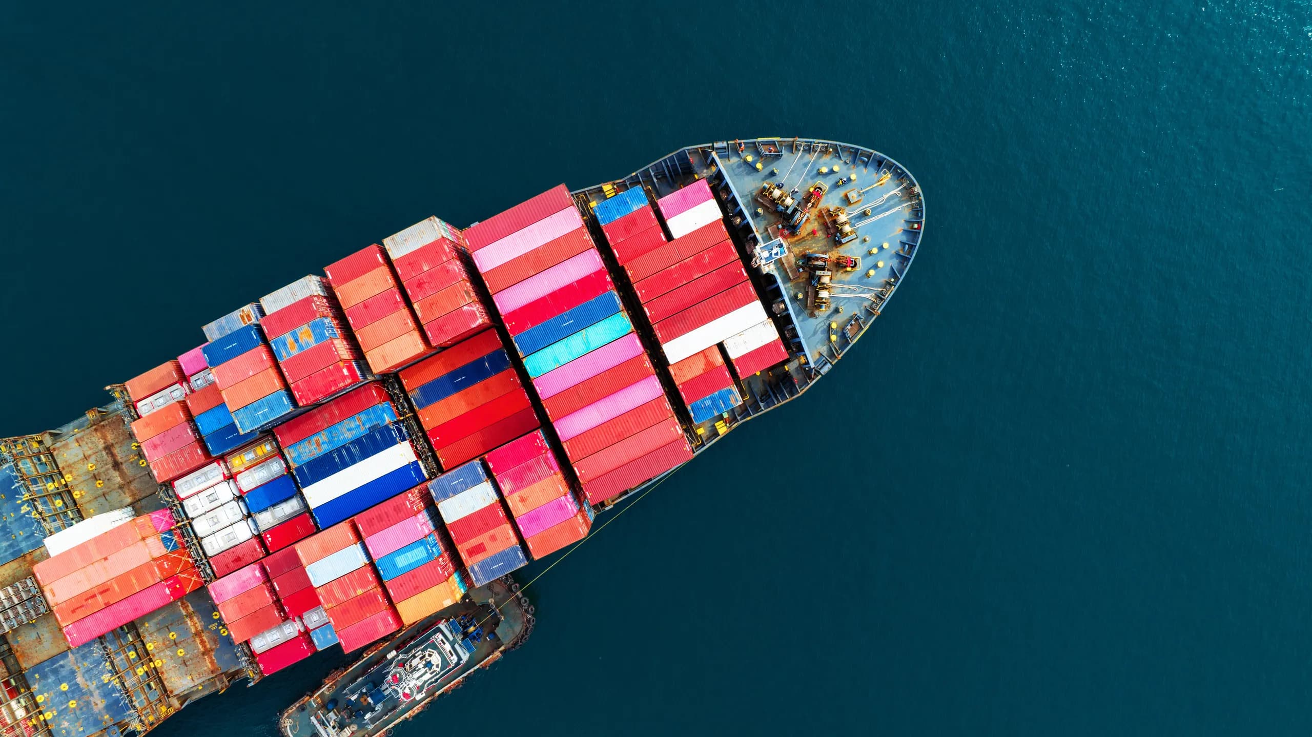 Aerial view of a container ship loaded with export containers